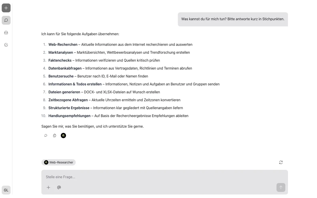 Die Chat-Oberfläche in der Lizenzstufe Lite ohne Chathistorie: Nachrichtenverlauf und Chat-Eingabebereich über die gesamte Fläche neben der Navigation