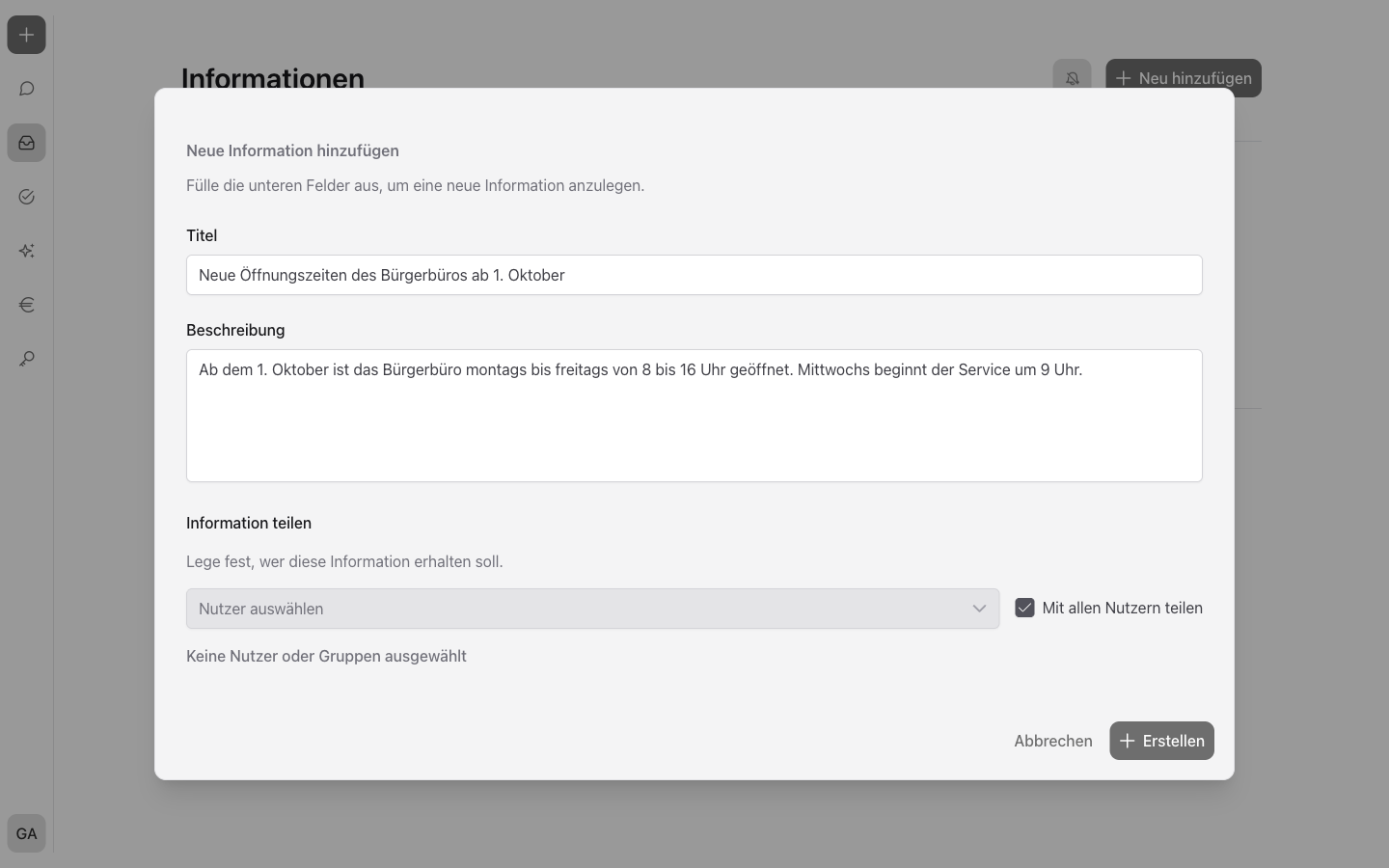 Der Dialog „Neue Information hinzufügen“ mit Titel, Beschreibung und der Option „Mit allen Nutzern teilen“