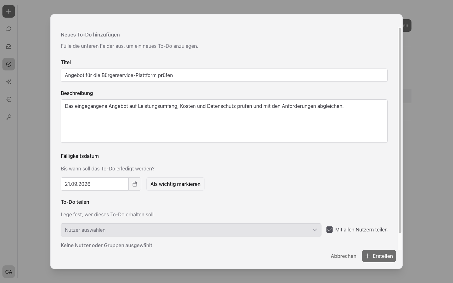 Der Dialog „Neues To-Do hinzufügen“ mit Titel, Beschreibung, Fälligkeitsdatum, „Als wichtig markieren“ und der Option „Mit allen Nutzern teilen“