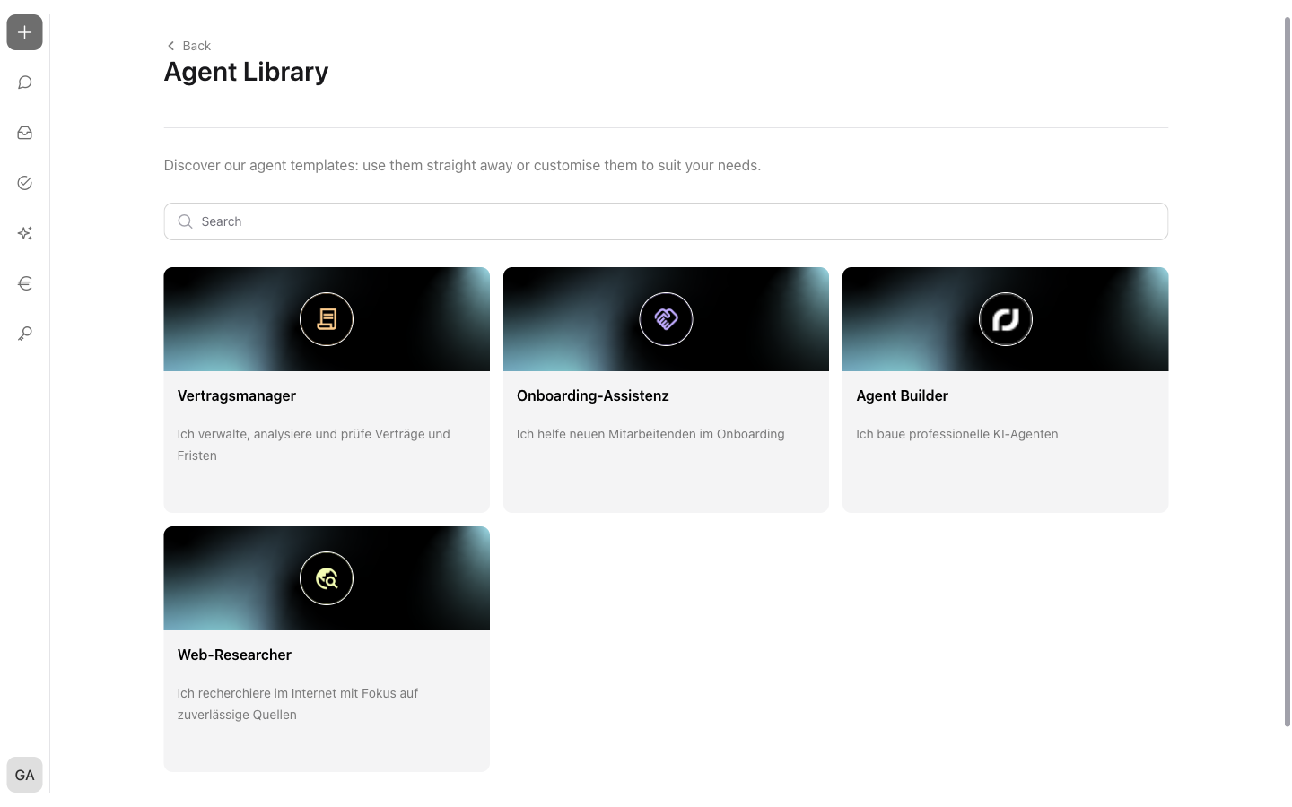 The agent library with search field and template cards