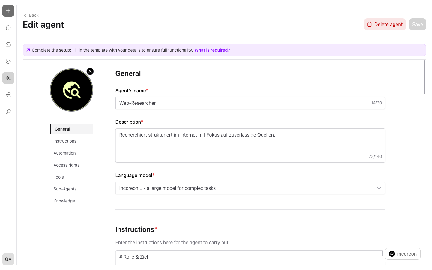 The configuration page of an agent with the “General”, “Knowledge”, “Capabilities”, “Sub-Agents”, “Access Rights”, and “Automation” areas