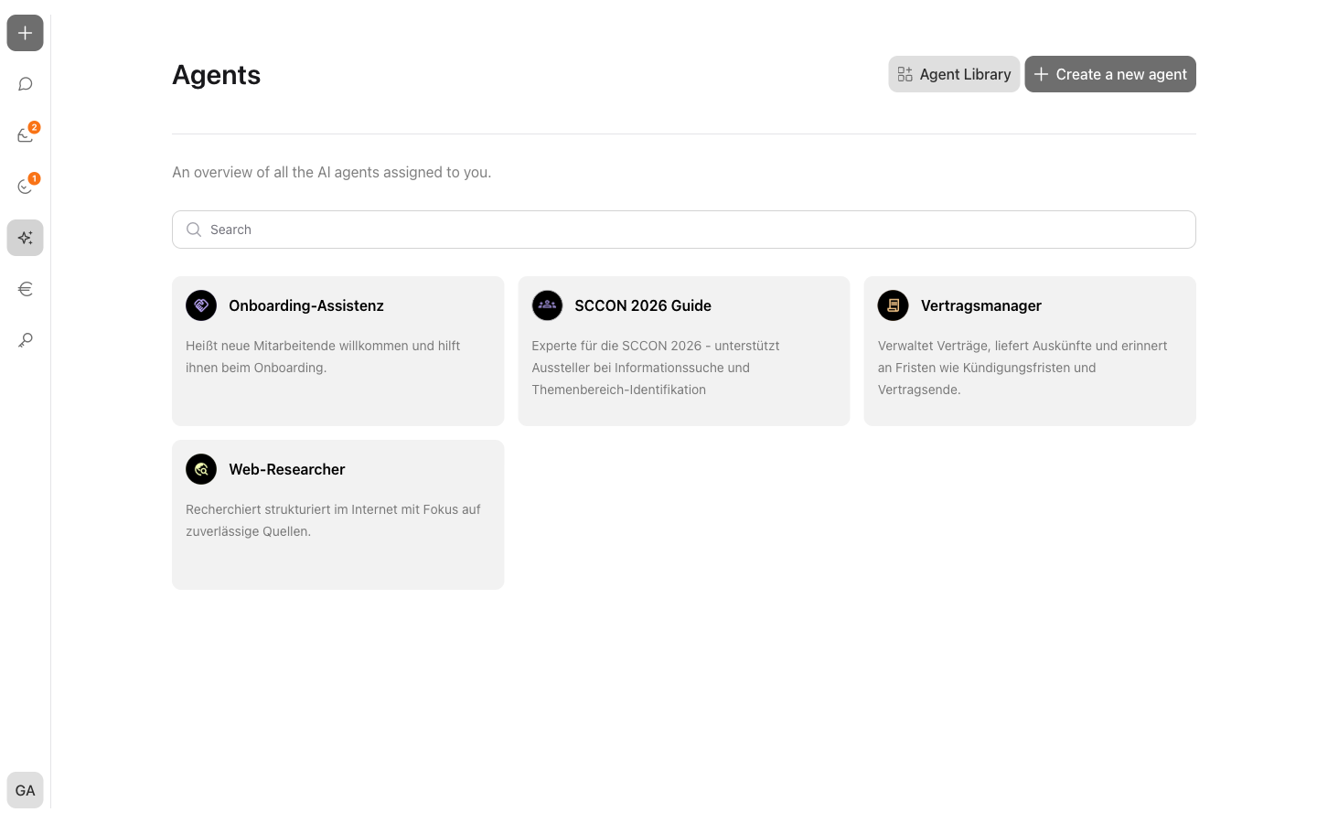 The agents overview with search field and agent cards