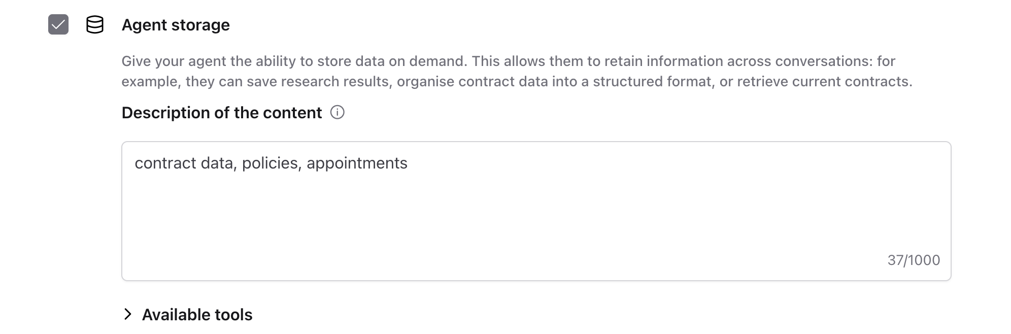 The enabled “Agent storage” capability with description and examples