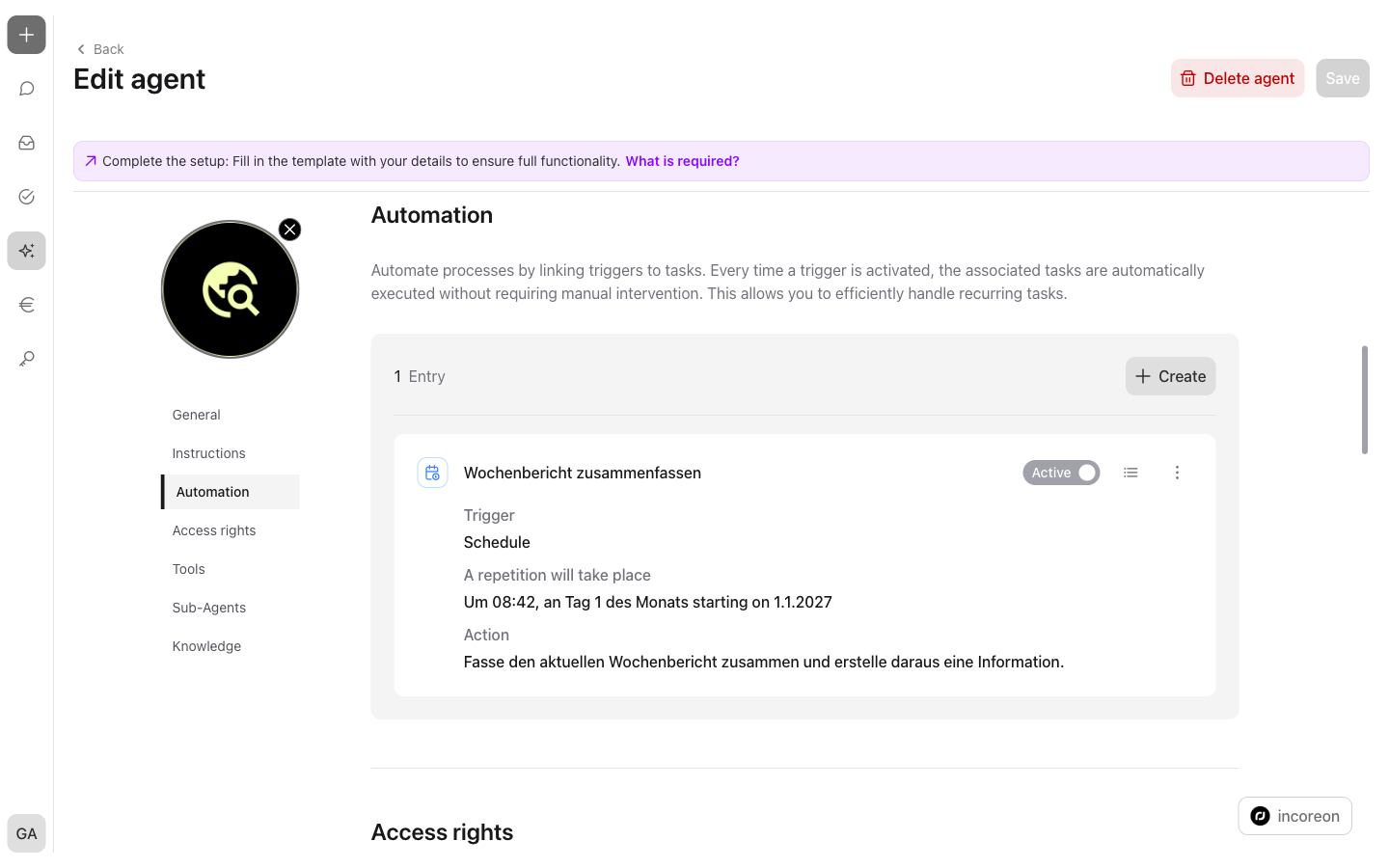 The “Automation” area in the agent configuration with the list of entries