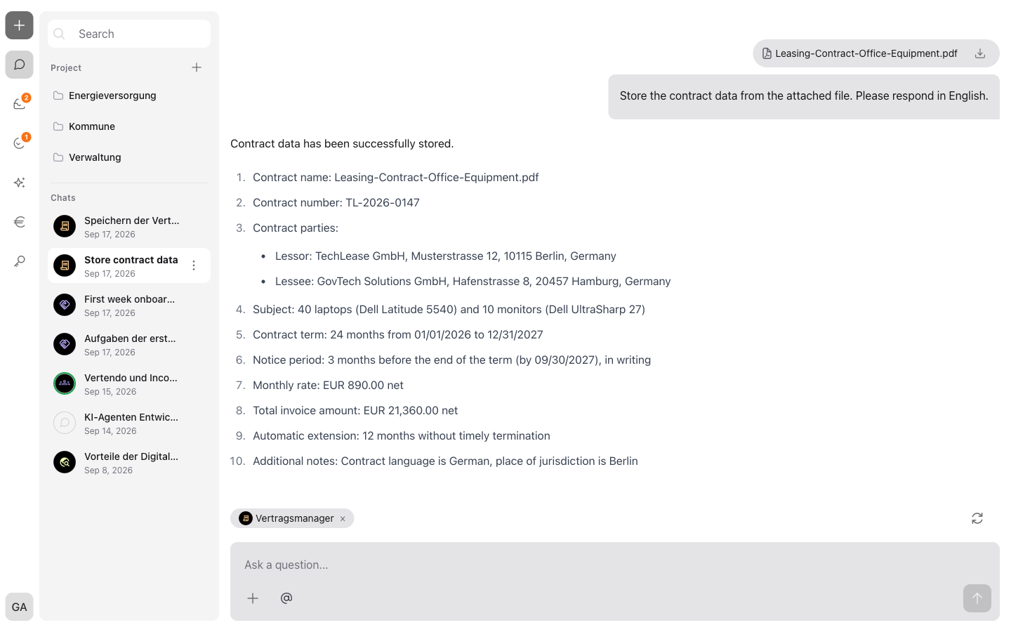 The chat with the selected Vertragsmanager – the request to store the contract data from the attached file and the agent's confirmation