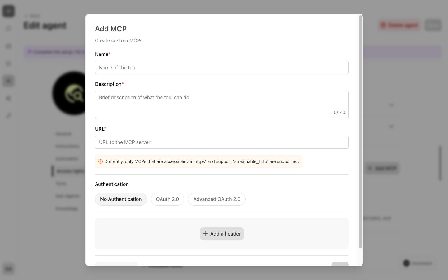 The “Add MCP” dialog with name, description, URL, headers, authentication, and “Test connection” button