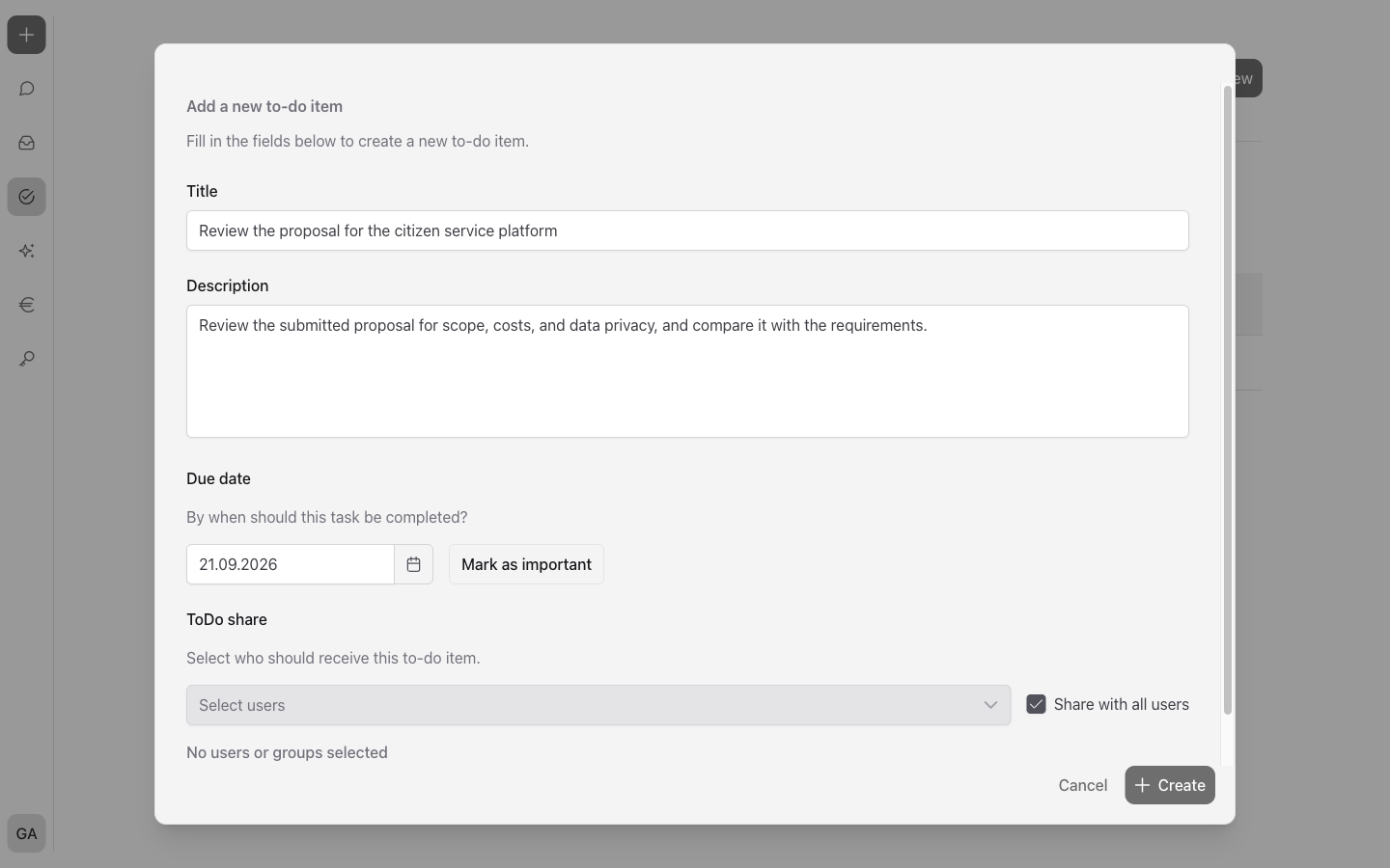 The “Add a new to-do item” dialog with title, description, due date, “Mark as important”, and the “Share with all users” option