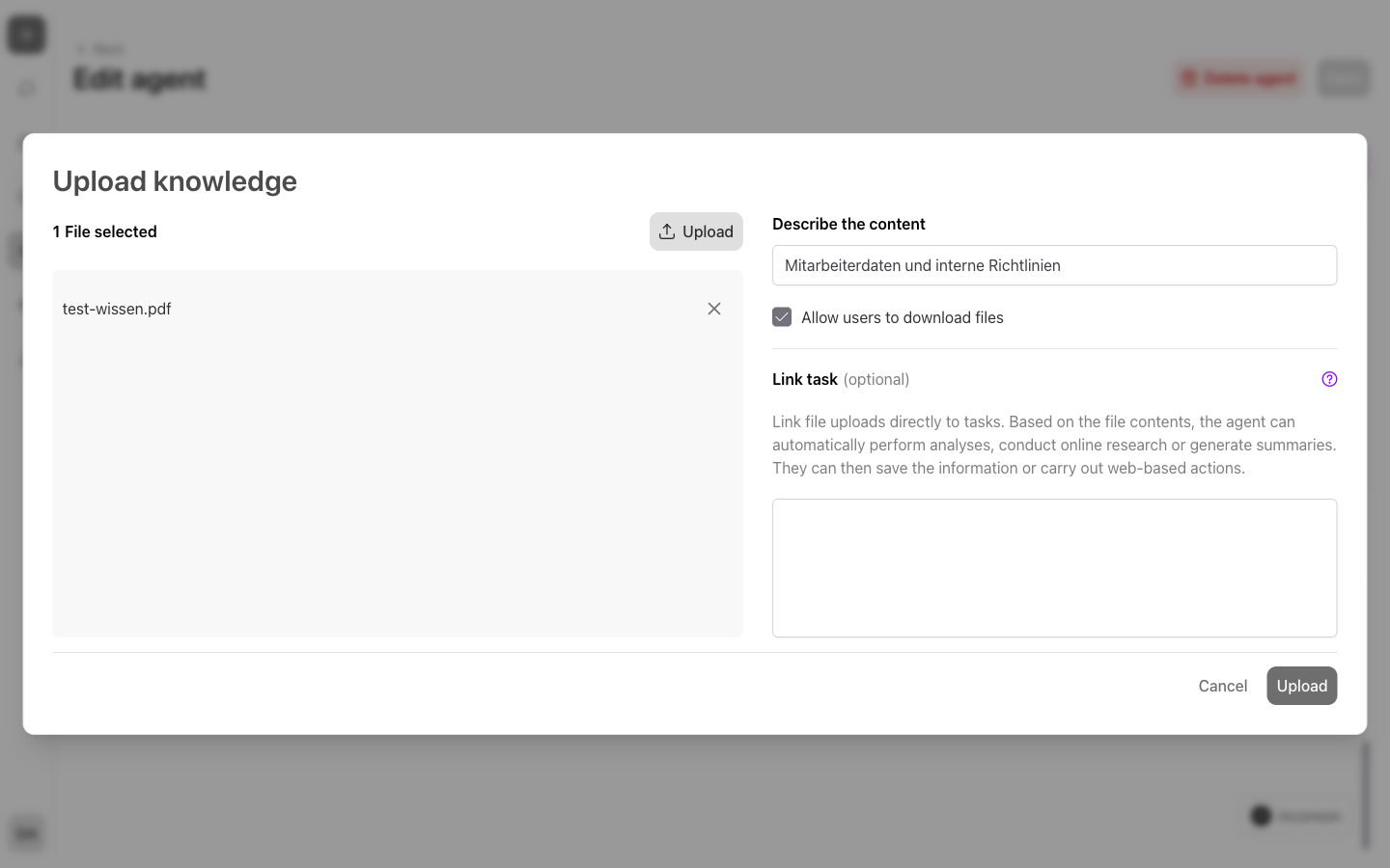 The “Upload knowledge” dialog with description, file drop area, “Allow users to download files” option, and “Link task”