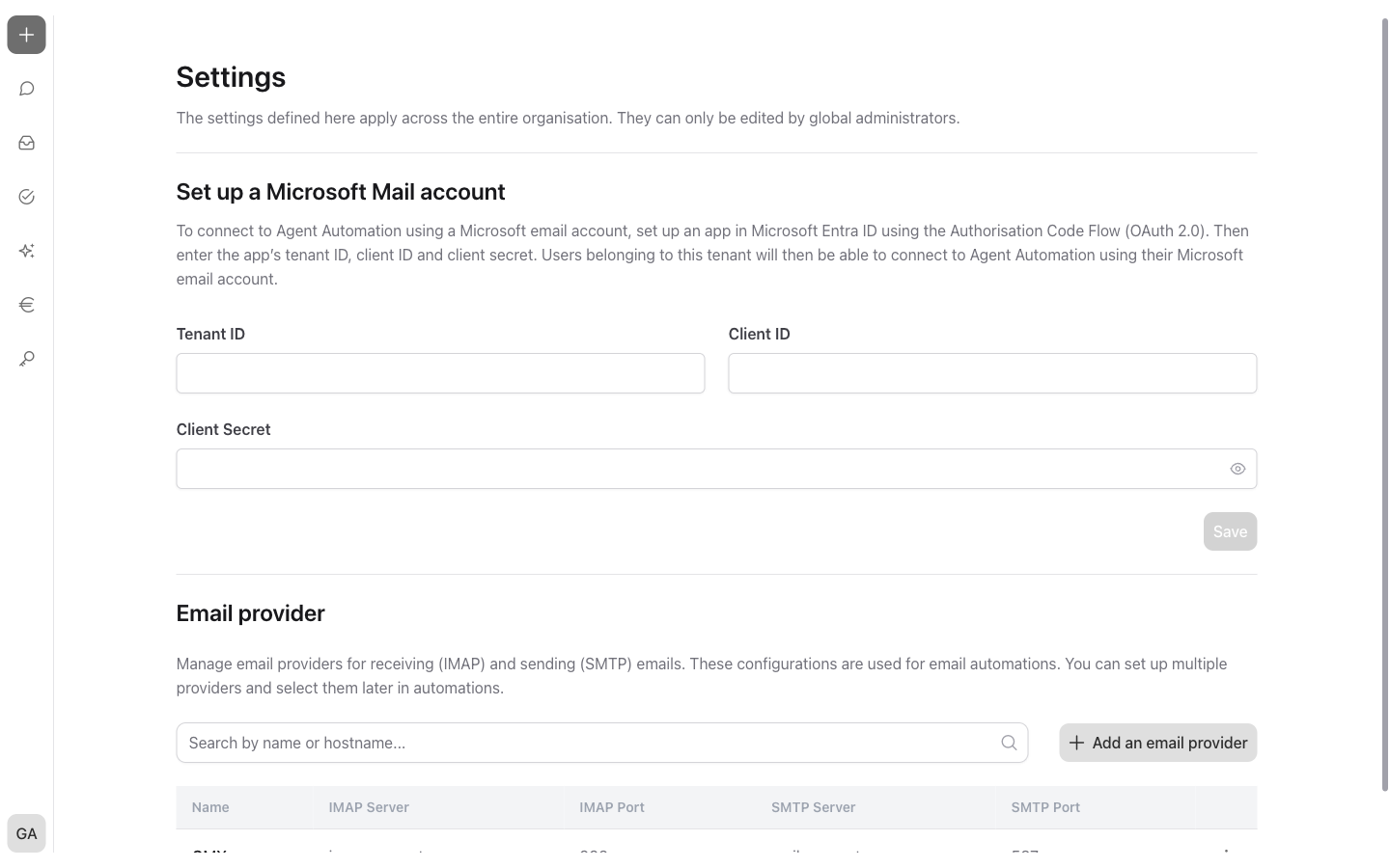 The settings page with the “Set up a Microsoft Mail account” and “Email provider” areas