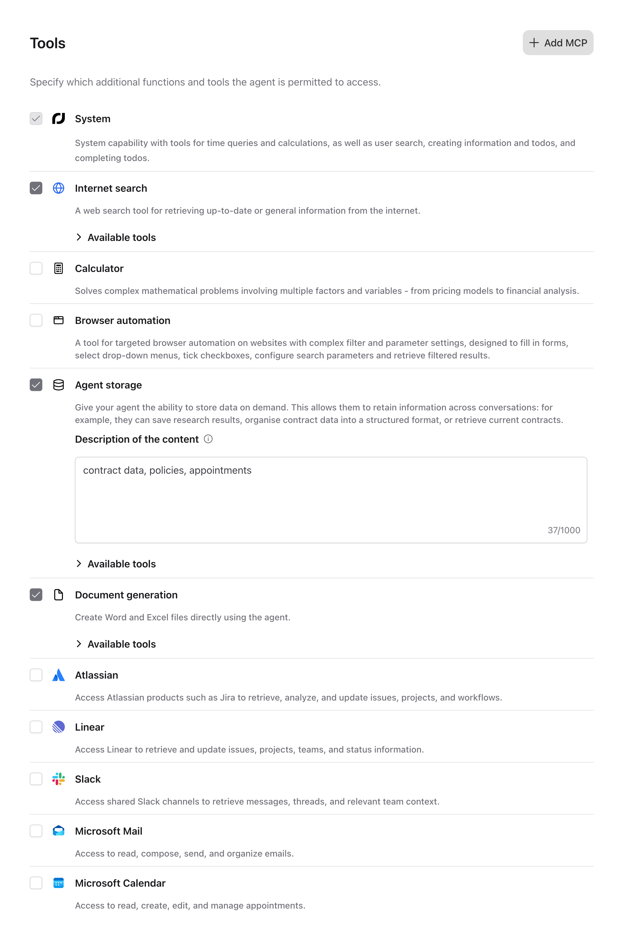 The “Tools” area of the agent configuration with the system capability that cannot be deselected, the list of predefined capabilities with toggles, and the “Add MCP” button
