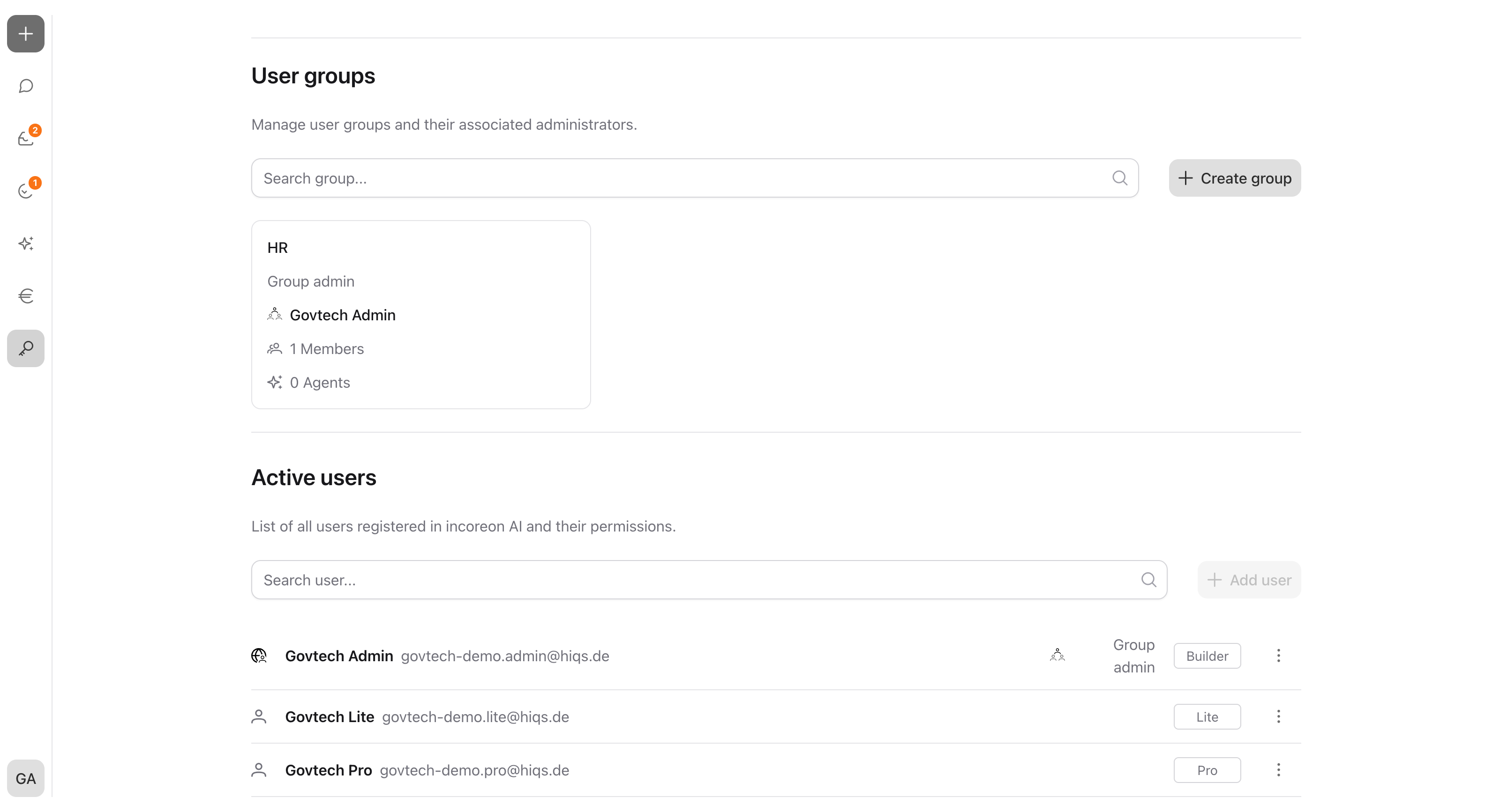 The “User groups” and “Active users” sections in the “Permissions” area with navigation