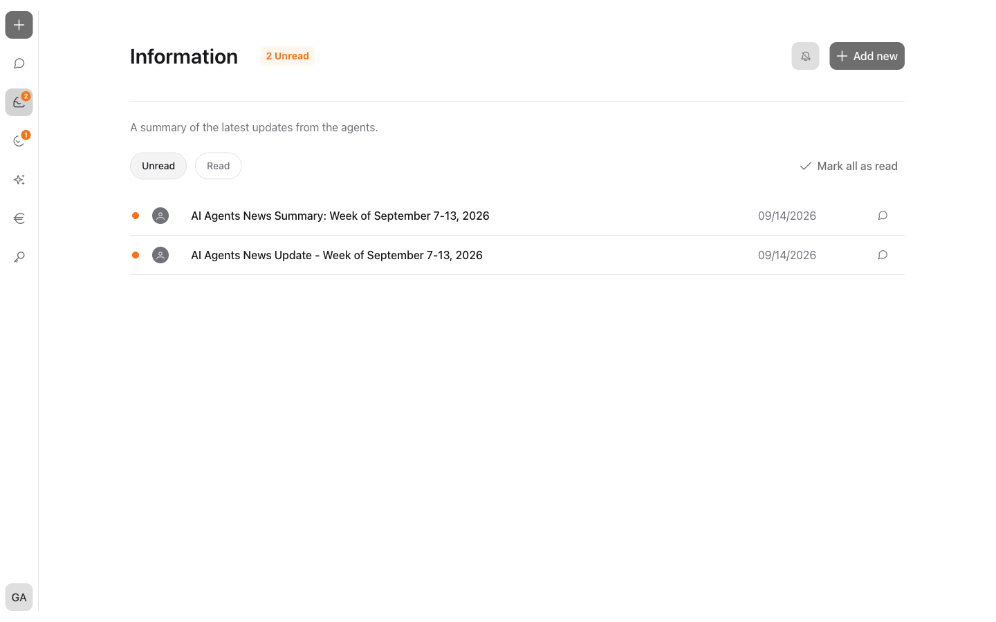 The information overview with filter and list of information