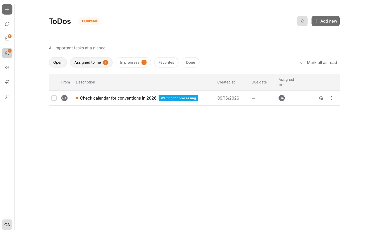 The to-do overview with filters, markings, and task list