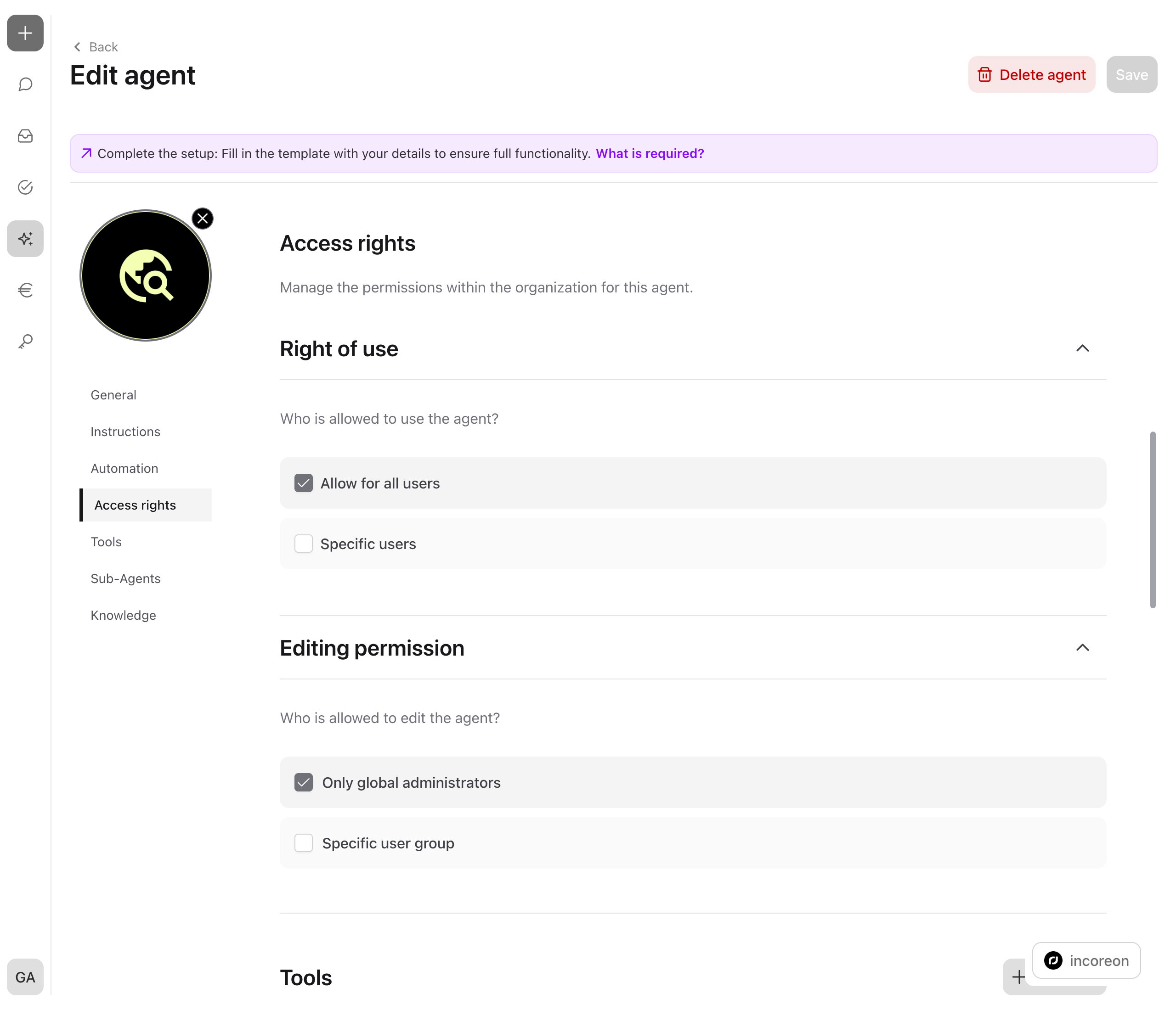 The “Access rights” area of the agent configuration with the expanded “Right of use” and “Editing permission” accordions including their options