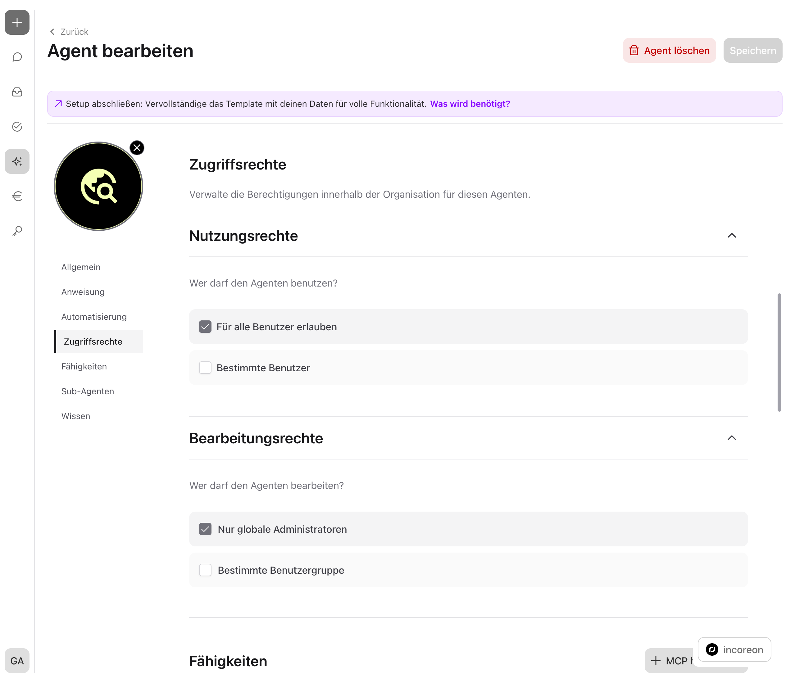 Der Bereich „Zugriffsrechte“ der Agenten-Konfiguration mit den aufgeklappten Akkordeons „Nutzungsrechte“ und „Bearbeitungsrechte“ samt Auswahlmöglichkeiten